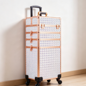 White & Gold 5-in-1 Aluminum Rolling Makeup Case 360째 Wheels