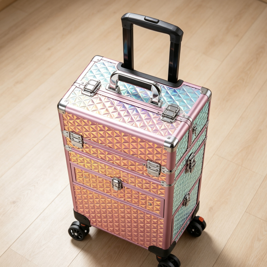 Pink Chameleon Lockable Rolling Makeup Case with Drawers - Image 2