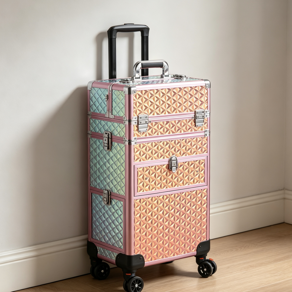 Pink Chameleon Lockable Rolling Makeup Case with Drawers