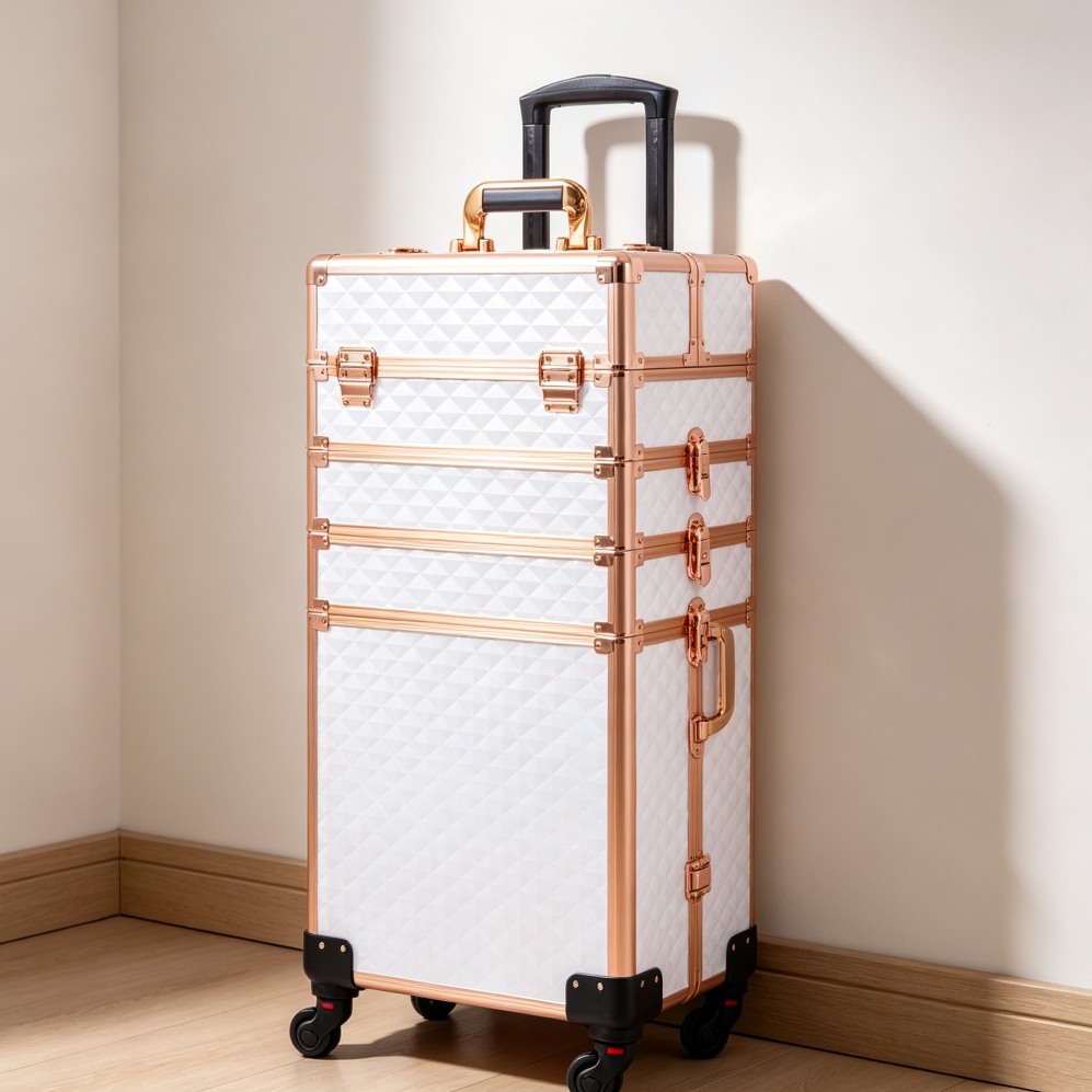 White 4-in-1 Rolling Makeup Train Case Trolley with Key & Swivel Wheels - Image 2