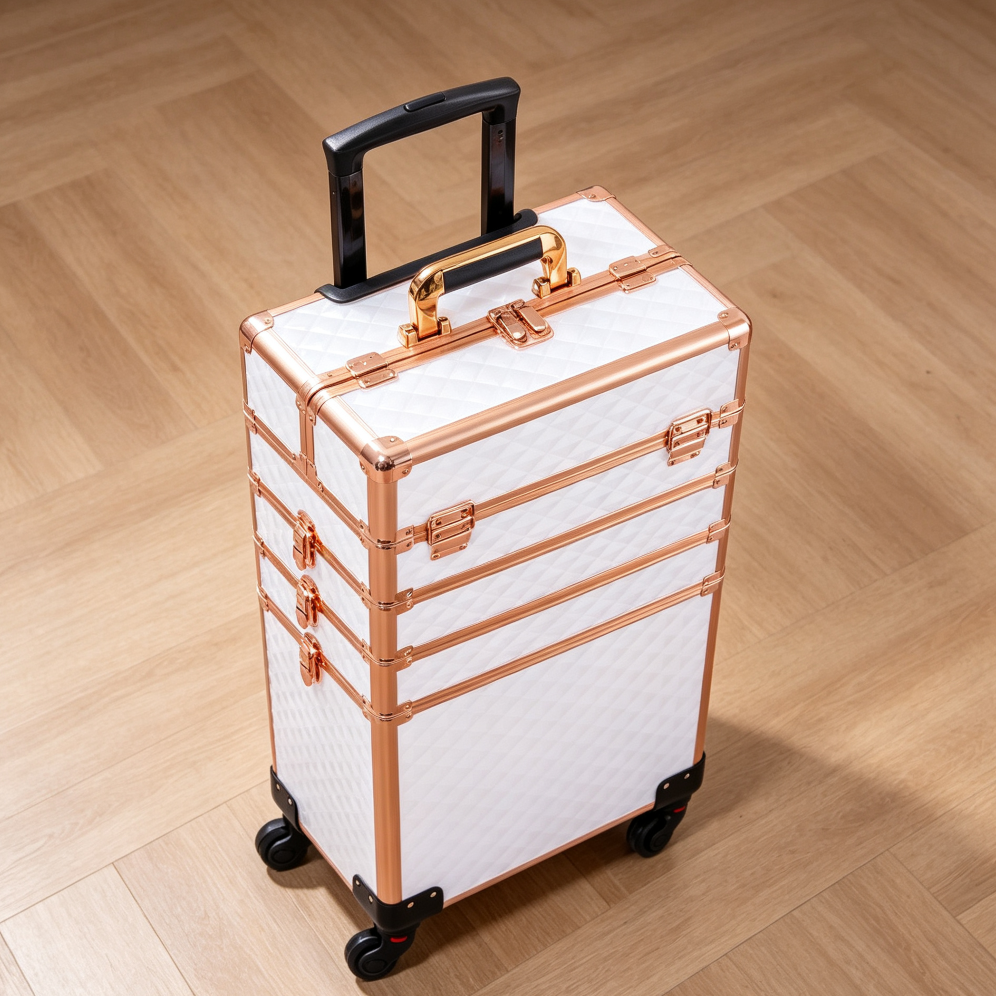 White 4-in-1 Rolling Makeup Train Case Trolley with Key & Swivel Wheels