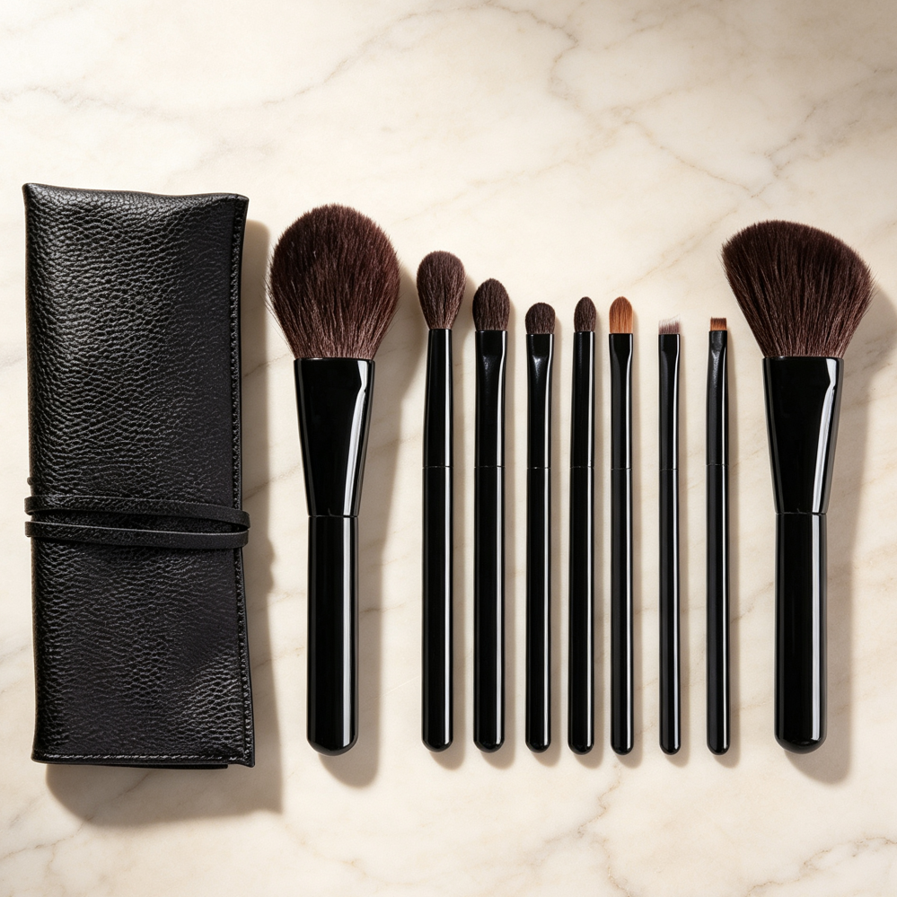 9-Piece Portable Makeup Brush Set in Leather Case - Image 2
