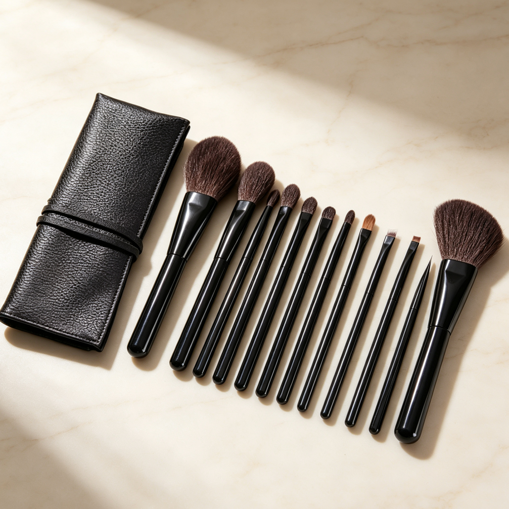 9-Piece Portable Makeup Brush Set in Leather Case