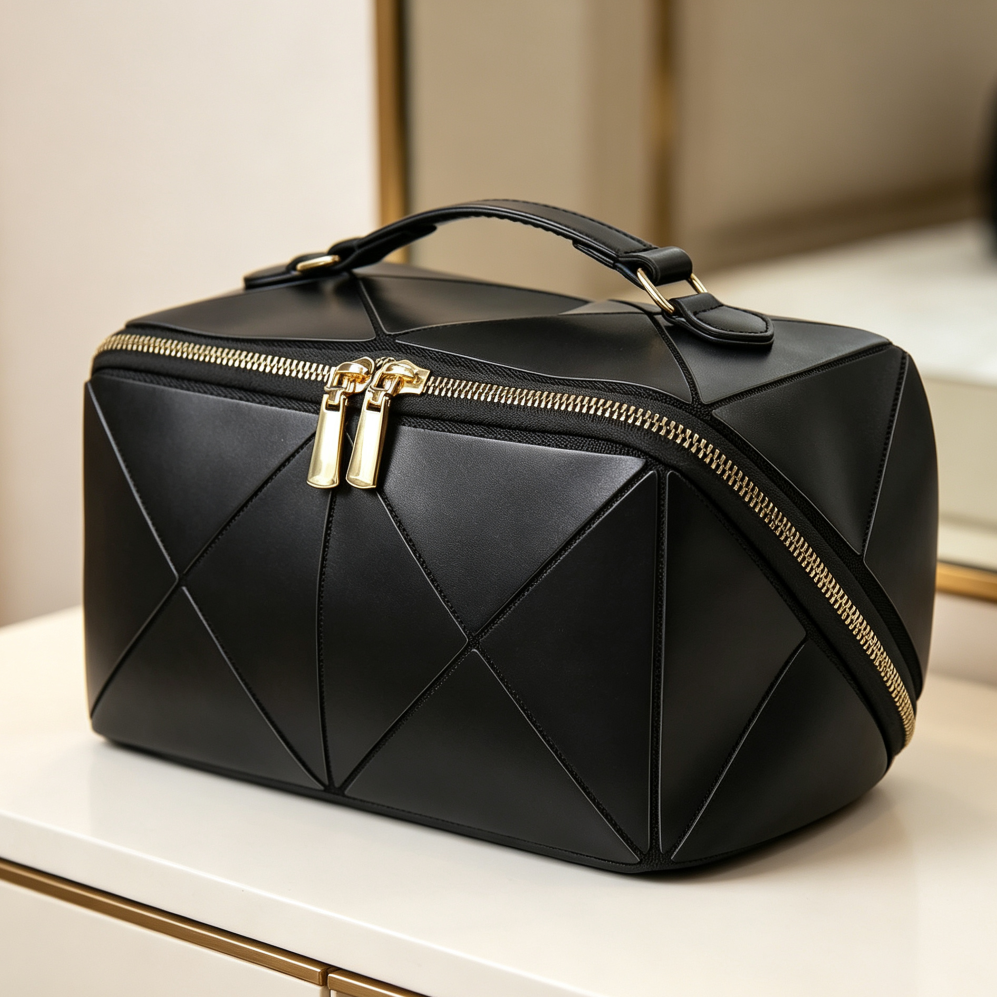 Large Open Flat Travel Makeup Bag with Handle Black - Image 2