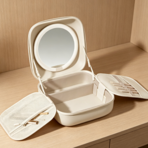 White Travel Makeup Train Case with Dimmable LED Mirror Waterproof