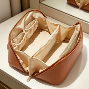 Brown PU Leather Travel Makeup Bag with Clear Brush Compartment Medium